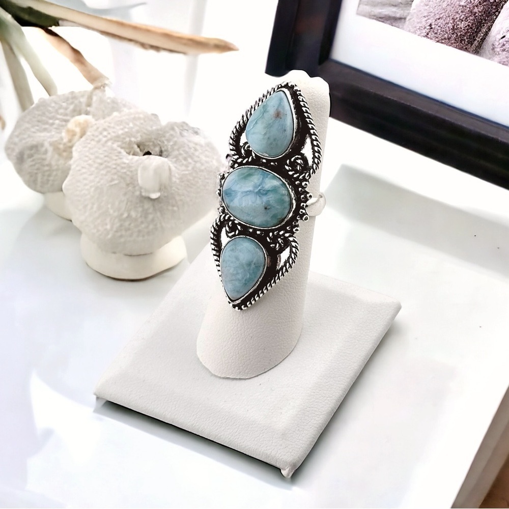 Larimar Caribbean Natural 925 Silver Gemstone Crystal Ring